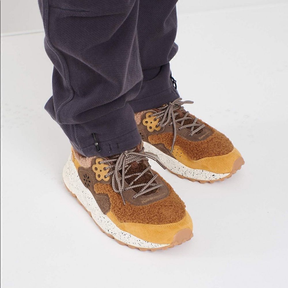 Flower Mountain x YMC Suede Kotetsu Trainers in Brown Eco Shearling